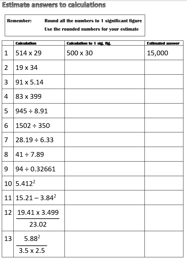 Estimate by rounding to 1sf — Gateways School